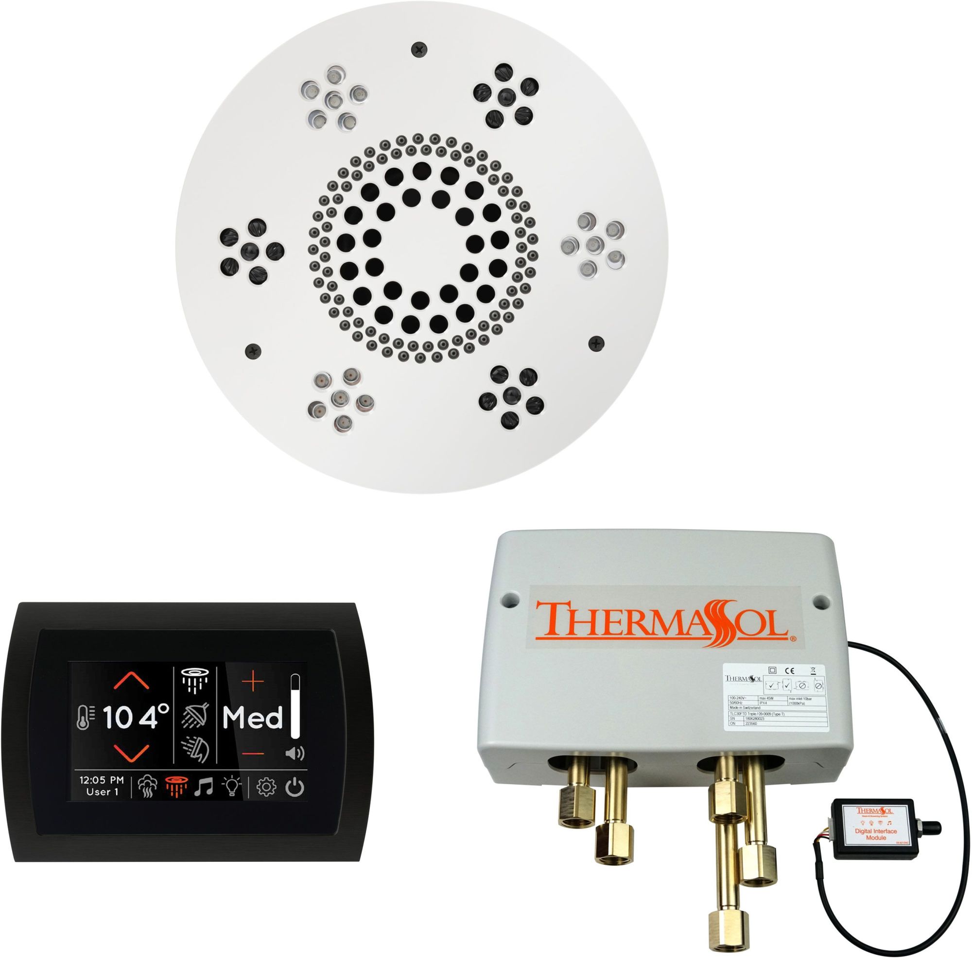 ThermaSol WSPSR SignaTouch Steam Shower Kit - Includes Control Panel Round Light and Sound Shower Head and Digital Shower Valve Black / White Steam
