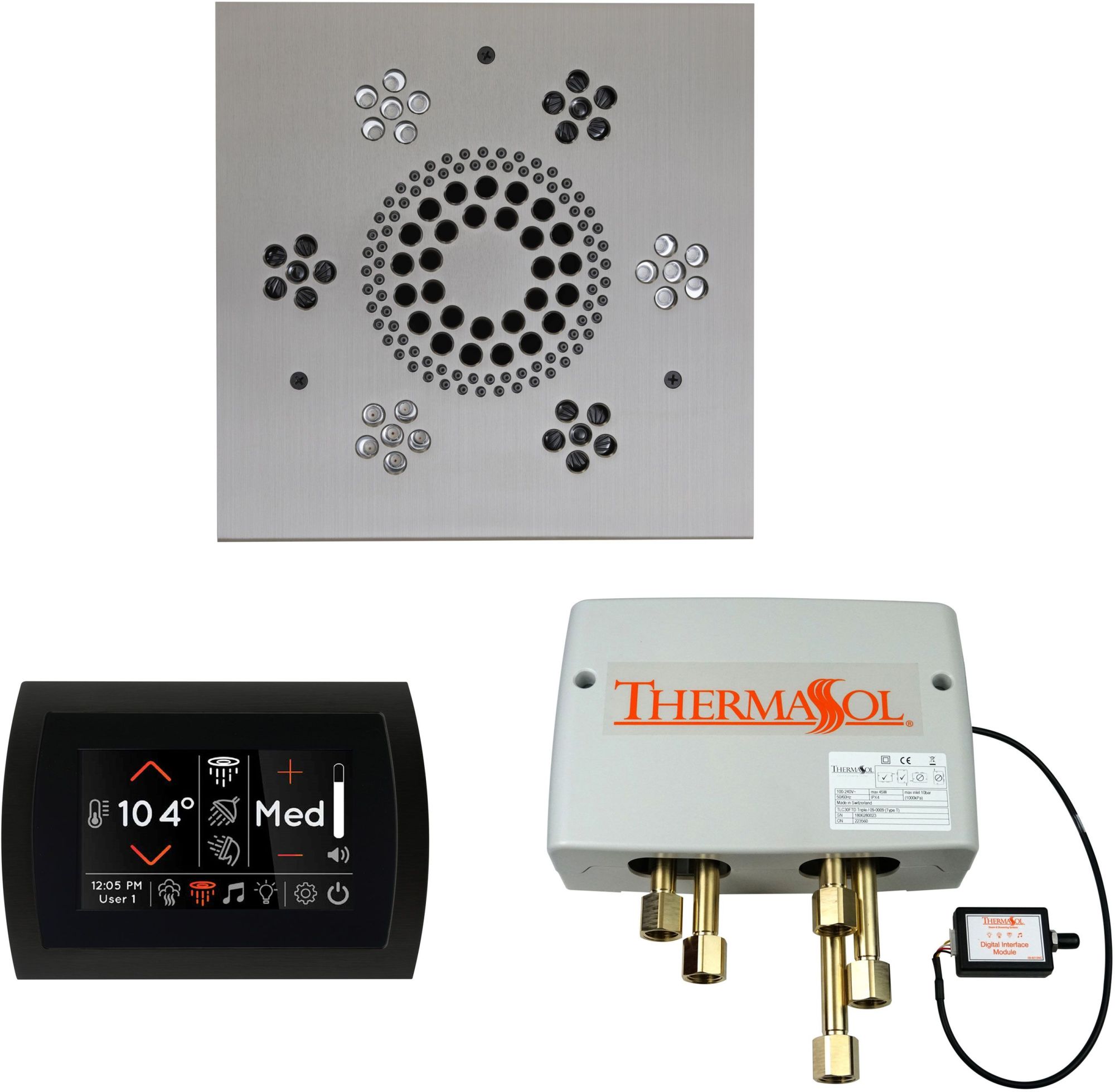 ThermaSol WSPSS SignaTouch Steam Shower Kit - Includes Control Panel Square Light and Sound Shower Head and Digital Shower Valve Black / Satin