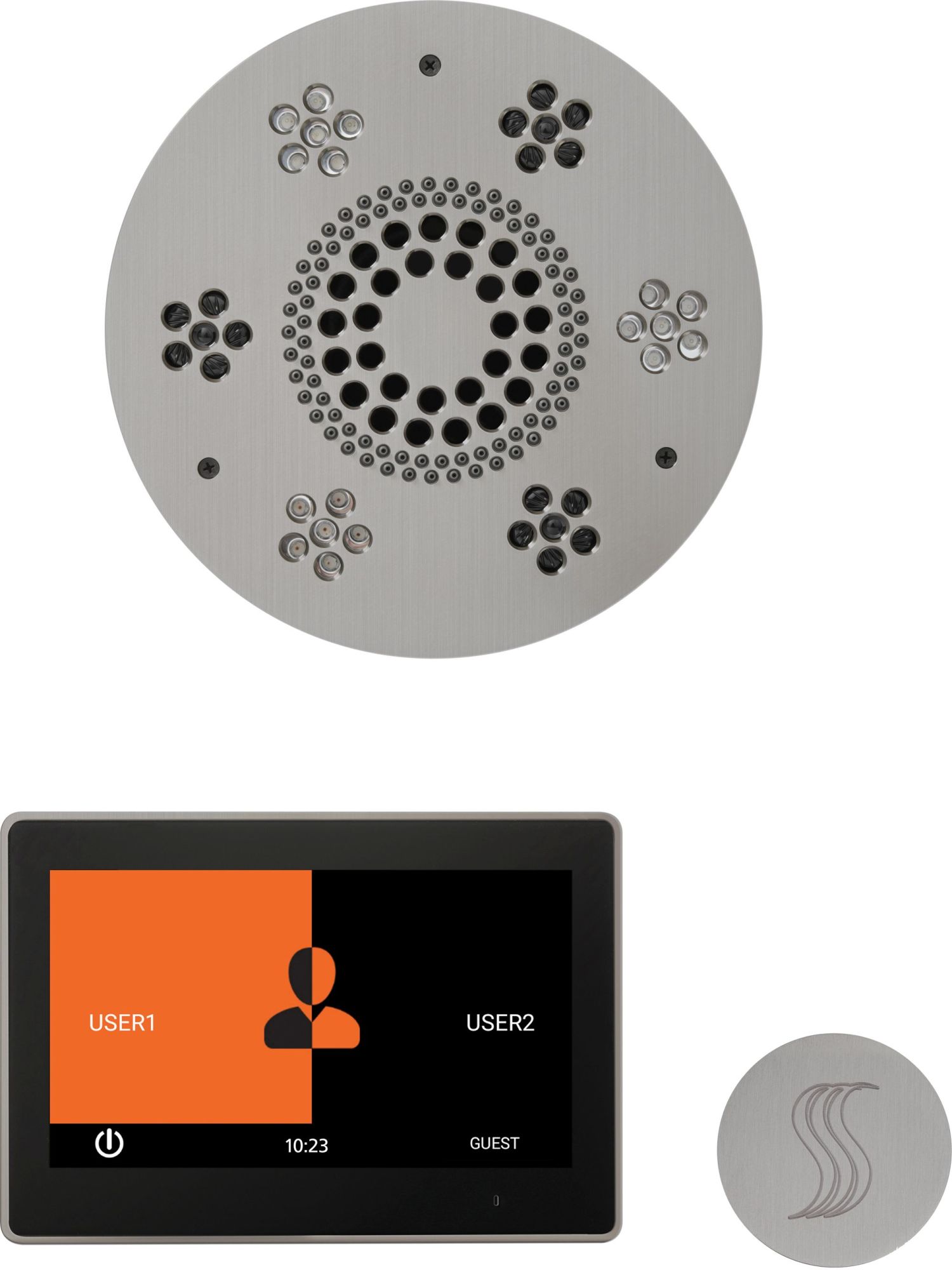 ThermaSol WSTP10R ThermaTouch Steam Shower Kit - Includes 10" Control Panel Round Light and Sound Shower Head and Round Steam Head Satin Chrome