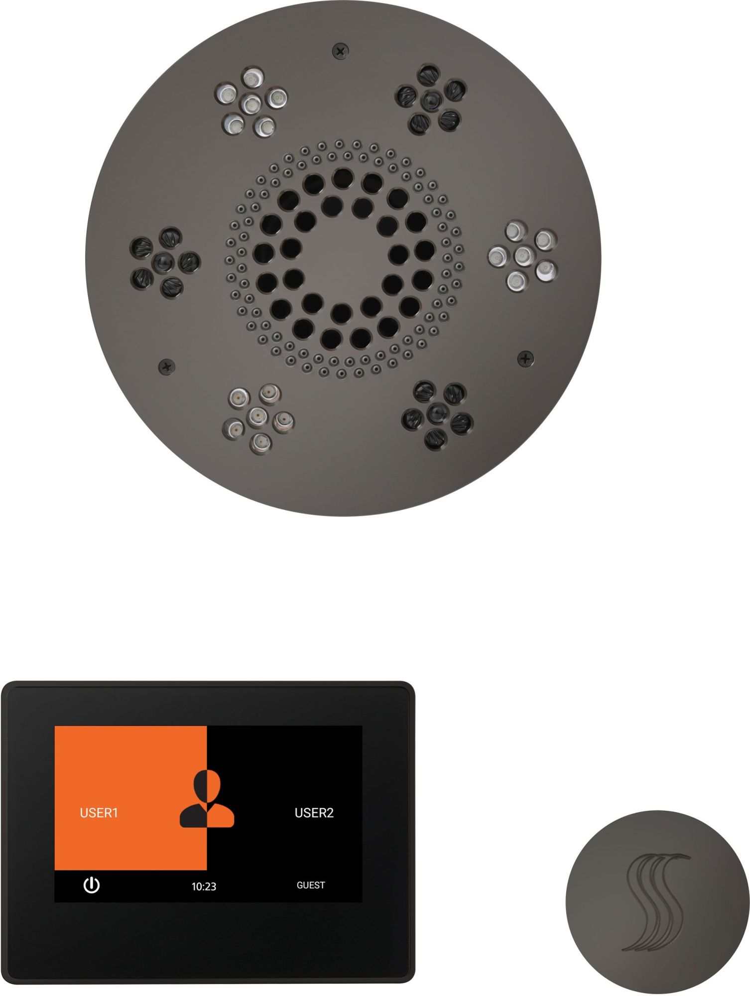ThermaSol WSTP7R ThermaTouch Steam Shower Kit - Includes 8" Control Panel Round Light and Sound Shower Head and Round Steam Head Black / Black