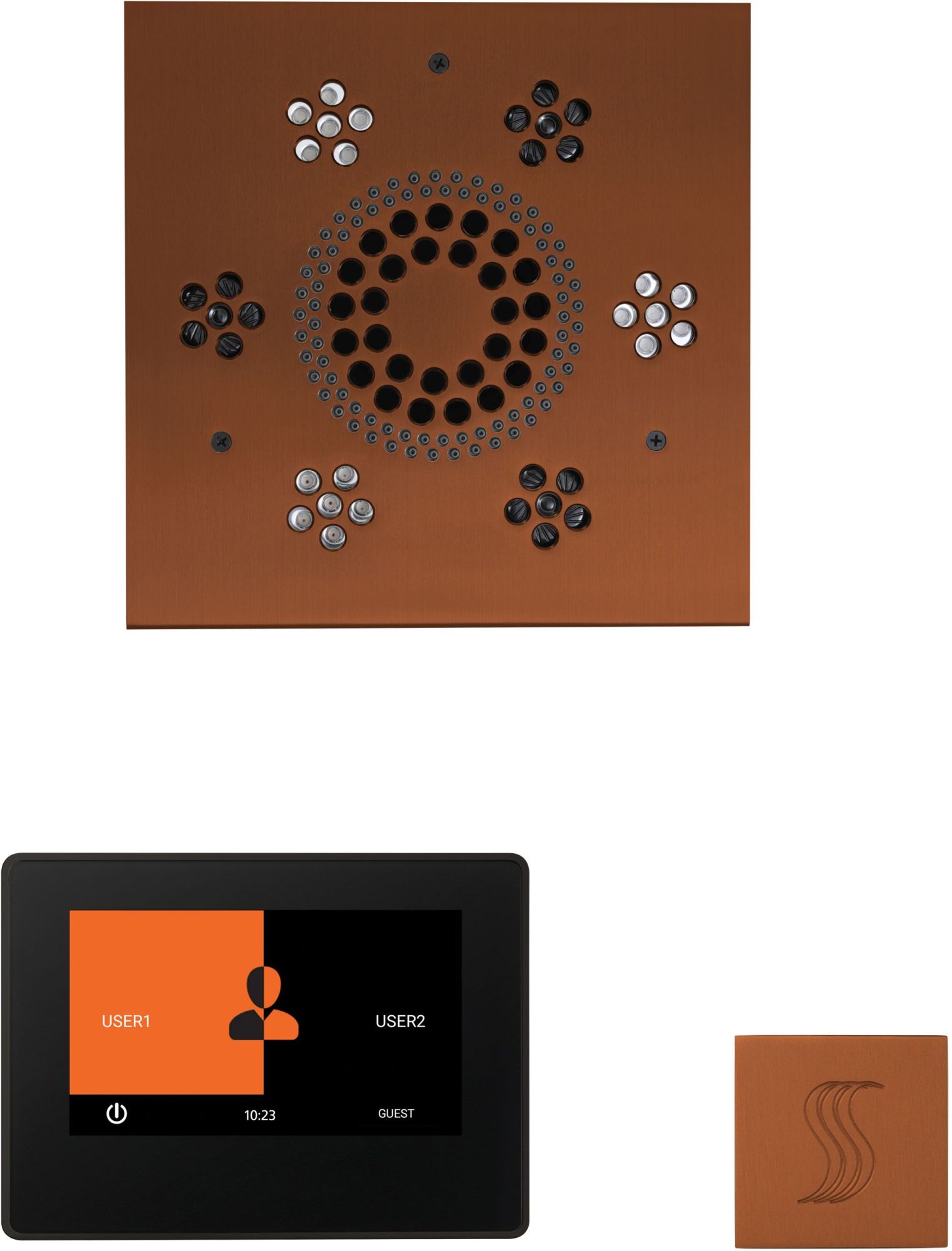 ThermaSol WSTP7S ThermaTouch Steam Shower Kit - Includes 8" Control Panel Square Light and Sound Shower Head and Square Steam Head Black / Antique
