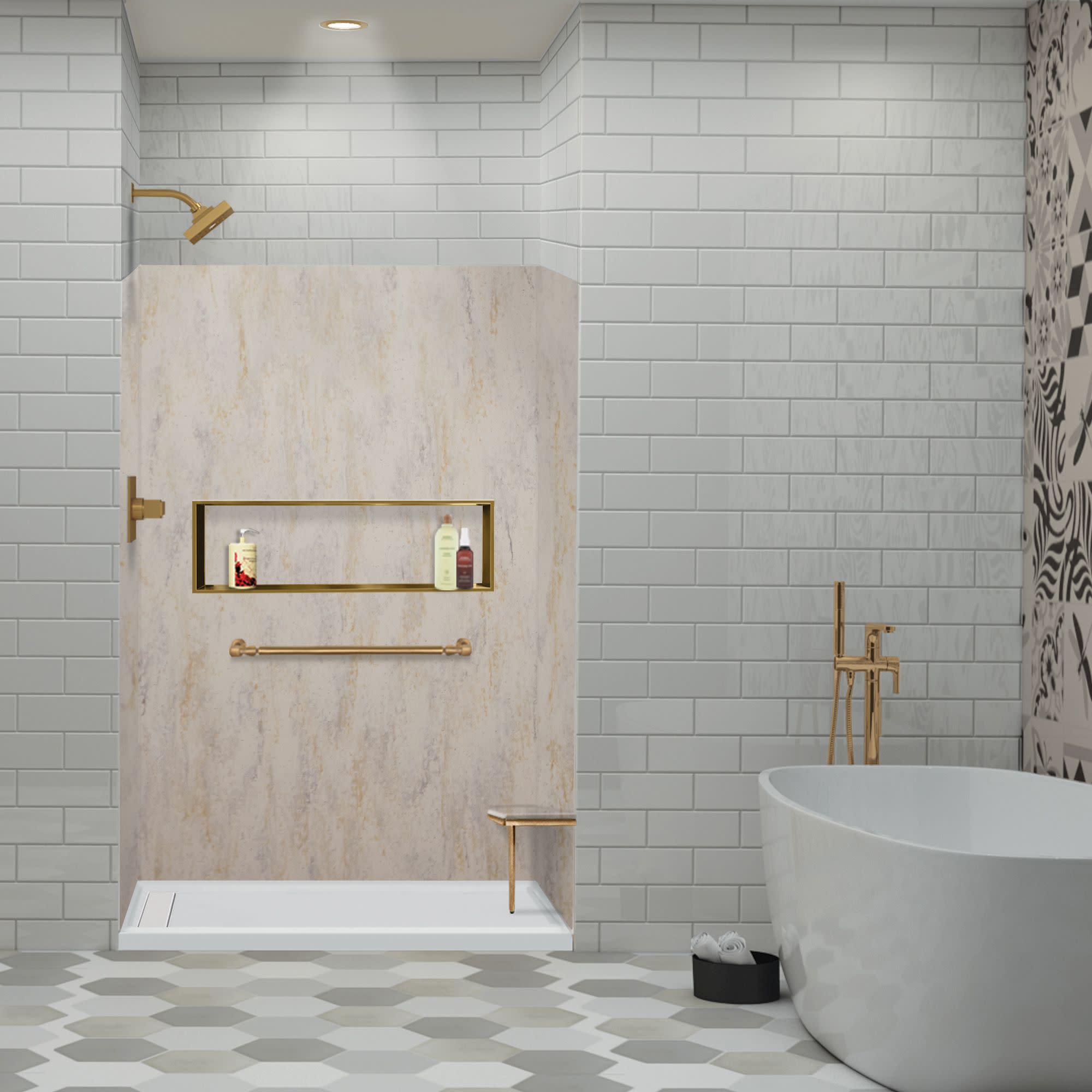 Photos - Shower Enclosure Lusso Transolid LWK483672  72" H x 48" W x 36" D Three Wall Alcove Shower Walls Creme Carmel Shower Stalls and Doors Shower S 