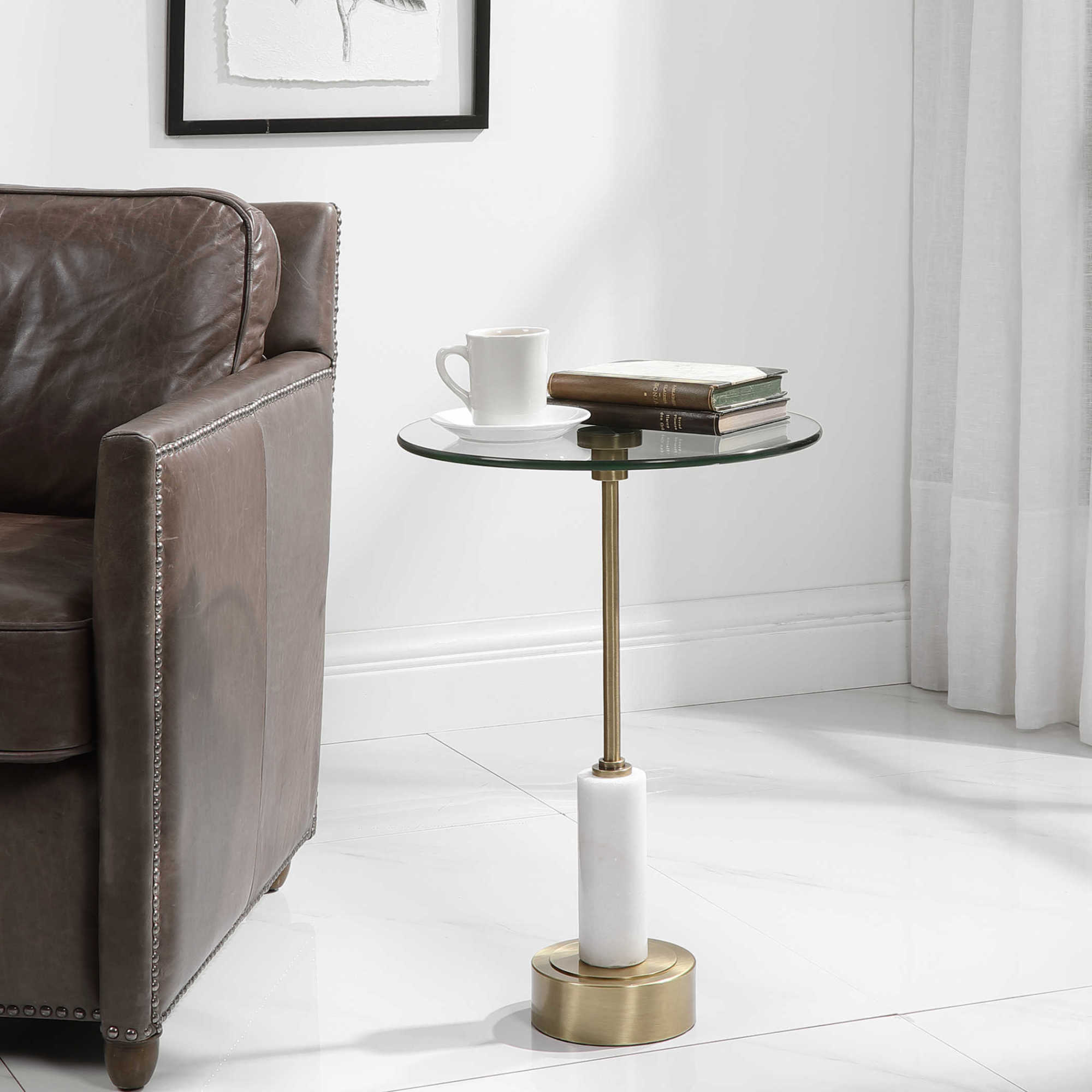 Photos - Coffee Table Uttermost 25130 Portsmouth 16" Round Modern Industrial Chair Side Accent Drink Table Brushed Brass / White Marble Indoor Fur