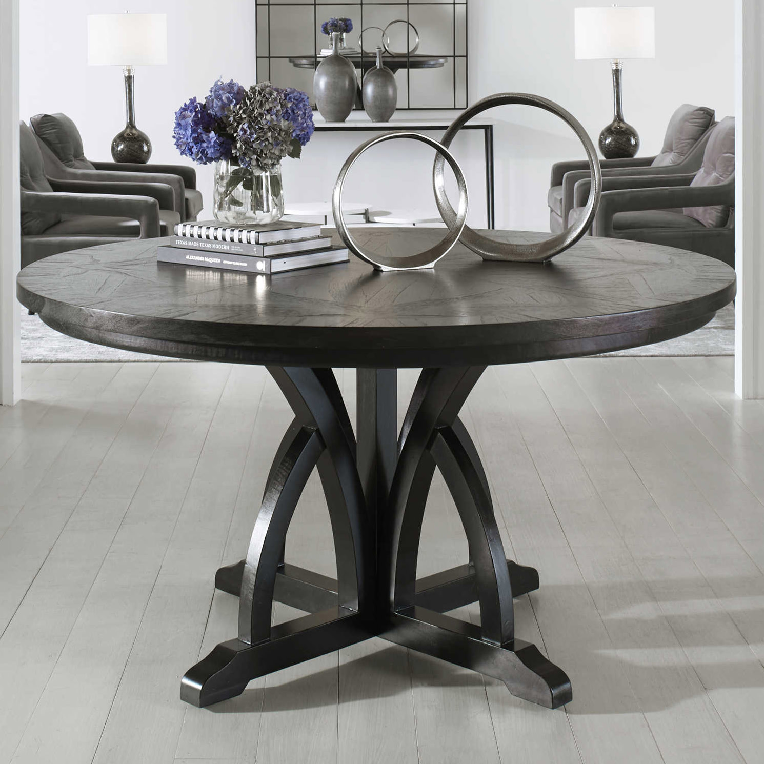 Uttermost 25861 Maiva 56" Round Mango Wood Contemporary Dining Table with Motif Base and Mindi Veneer Inlay Top Weathered Black Indoor Furniture