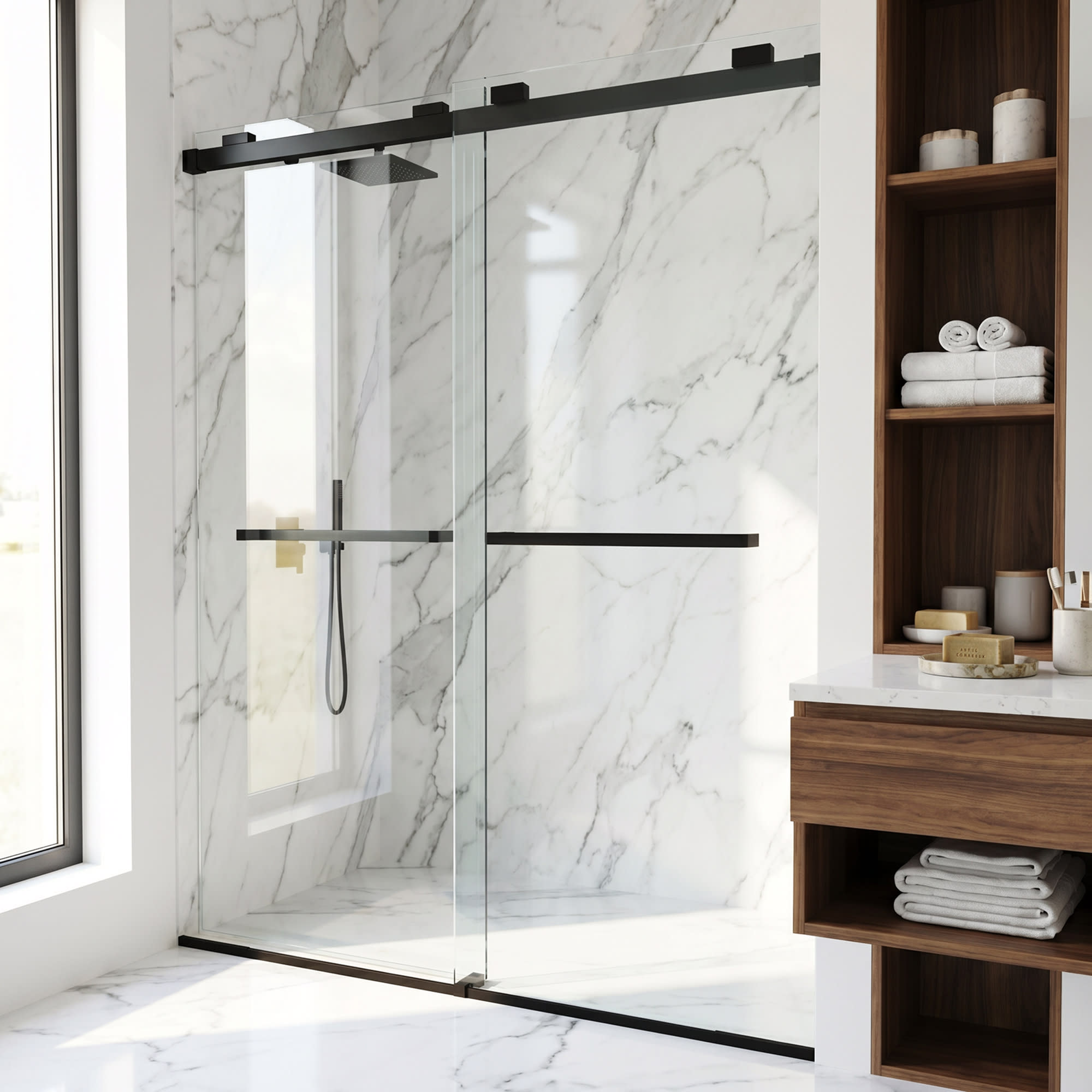 Photos - Shower Screen Vigo VG6023CL6076 Houston 76" High x 60" Wide Sliding Frameless Shower Door with Clear Glass Matte Black Shower Stalls and D