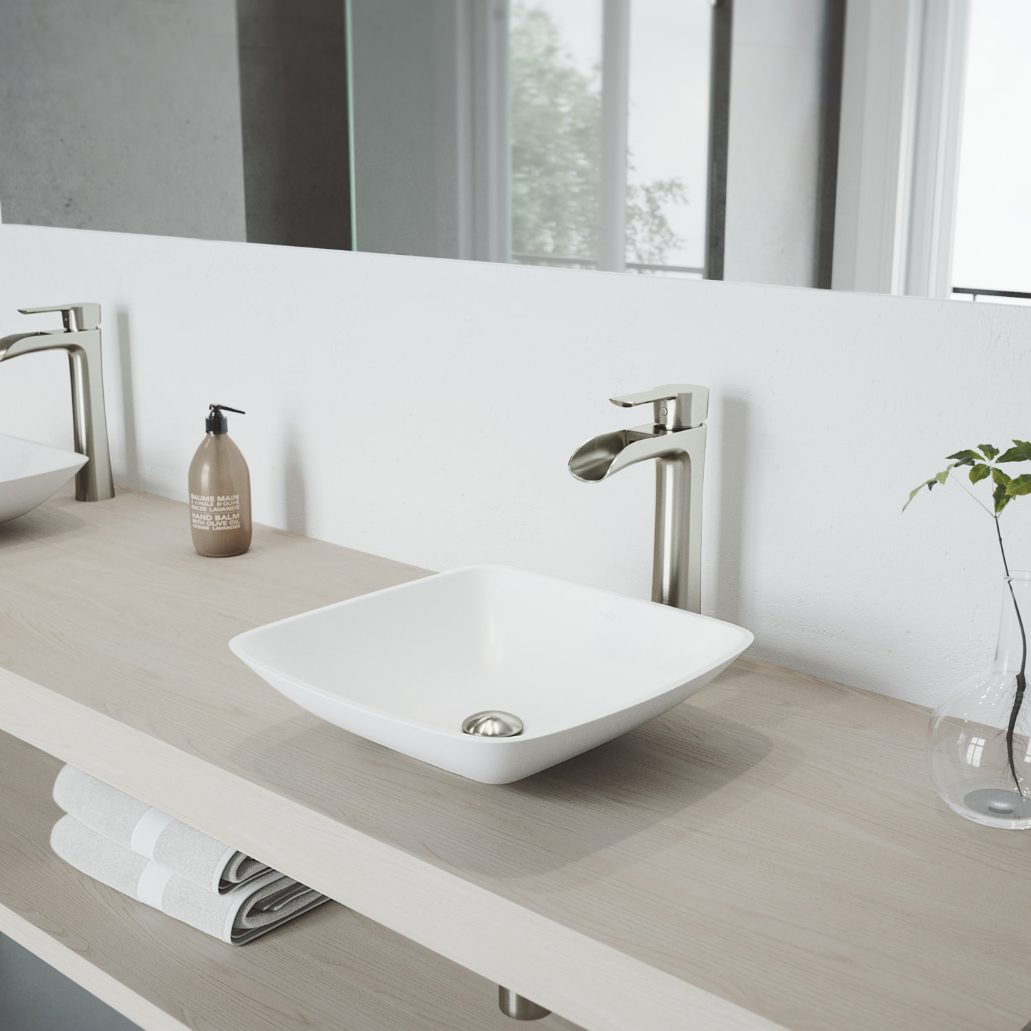 Photos - Bathroom Sink Vigo VGT1223 Hyacinth 14" Square Stone Composite Vessel  with 1.2 GPM Waterfall 11" H Deck Mounted Bathroom Fau 
