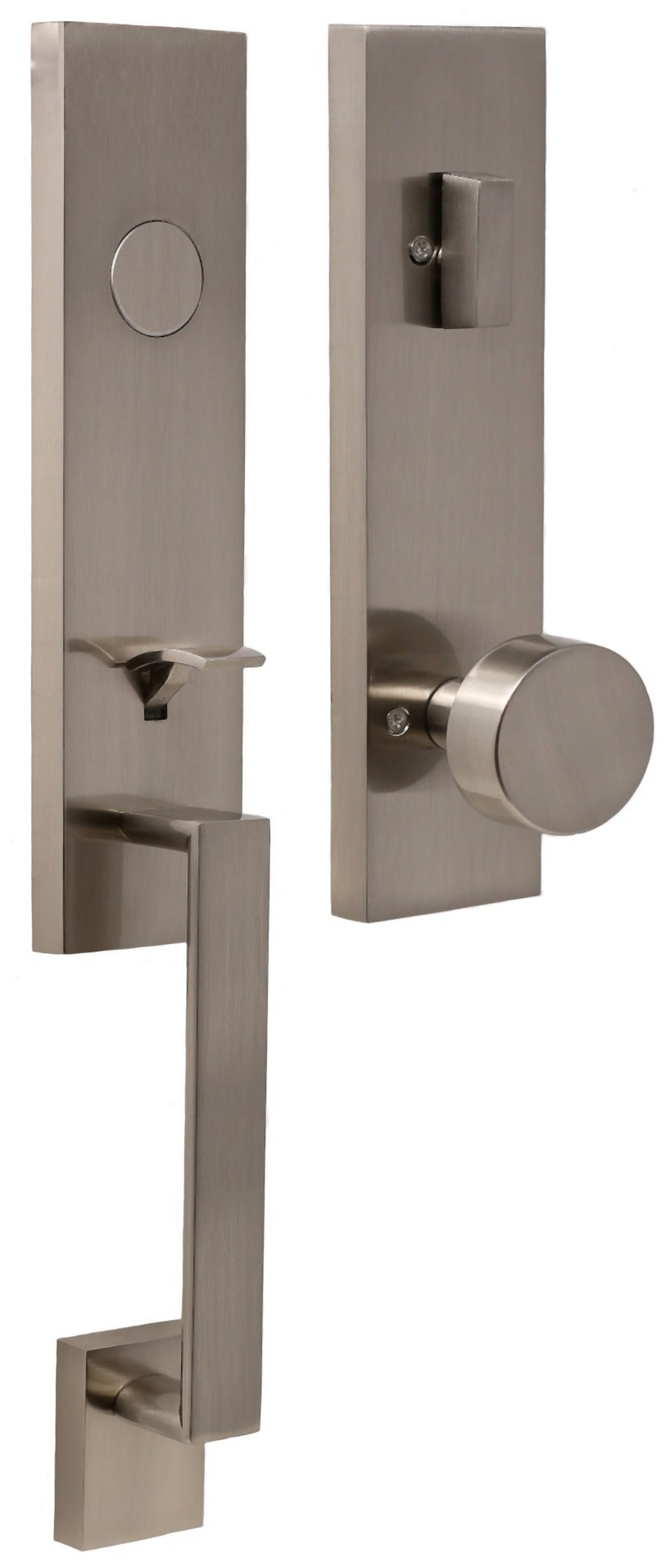 Weslock 2875-LEIGHTON-MESA-DUMMY-ENTRY Leighton One Piece Dummy Handleset with Mesa Interior Knob from the Transitional Collection Satin Nickel Door