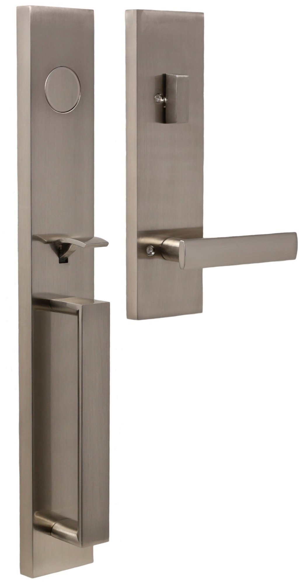 Weslock 2895-XANTHIS-UTICA-DUMMY-ENTRY Xanthis Full Plate Dummy Handleset with Utica Interior Lever from the Transitional Collection Satin Nickel Door