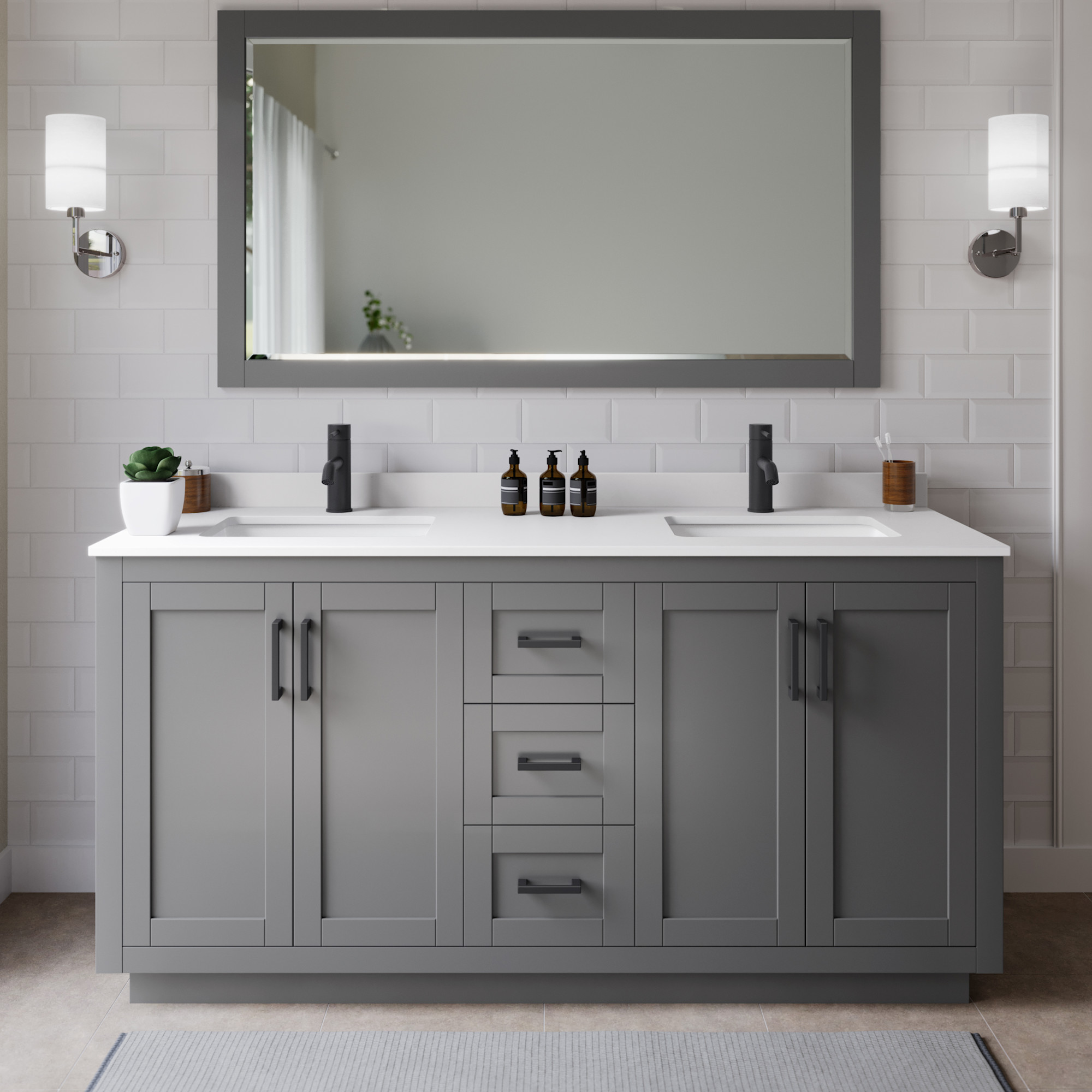 Photos - Washbasin cabinet Wyndham Collection WCF2929-66D-VCA-MXX Miranda 66" Free Standing Double Basin Vanity Set with Cabinet and Cultured Marble Va 