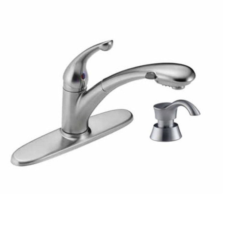 Delta 470-DST-SD Signature Pull-Out Kitchen Faucet with Soap/Lotion Dispenser - Includes Lifetime Warranty Arctic Stainless Faucet Kitchen Single