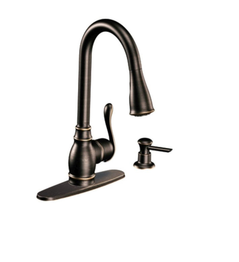 Moen CA87003 Anabelle Single Handle Kitchen Faucet with Pulldown Spray and Soap Dispenser Mediterranean Bronze Faucet Kitchen Single Handle