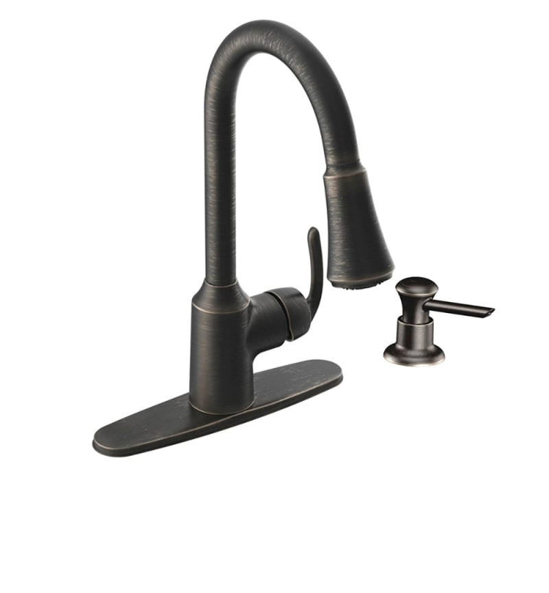 Moen CA87094 Bayhill Pullout Spray High-Arc Kitchen Faucet with Reflex Technology - Includes Soap Dispenser Mediterranean Bronze Faucet Kitchen Single