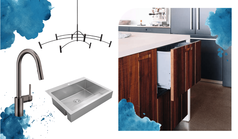 kitchen faucet, led light, ADA farmhouse sink, dish drawer
