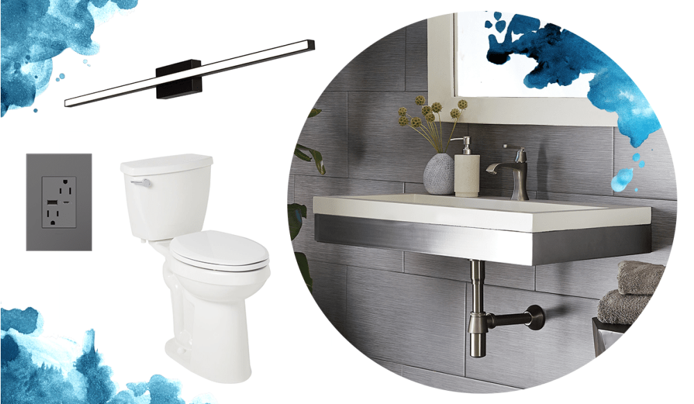 led light, elongated ADA toilet, usb outlet, wall mounted sink