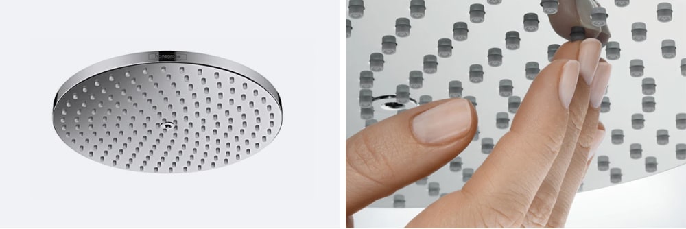Raindance shower head in chrome finish, close up of silicone nozzles.