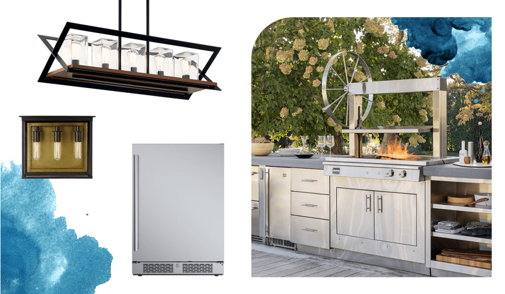 Linear outdoor chandelier, wall sconce, refrigerator and grill.