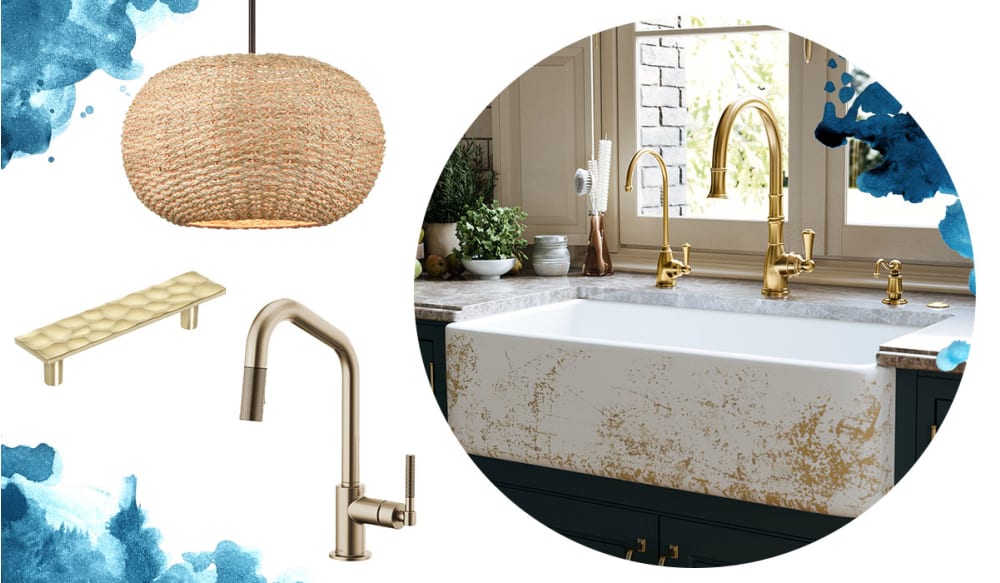 Oblong woven pendant light, gold cabinet hardware with honeycomb pattern