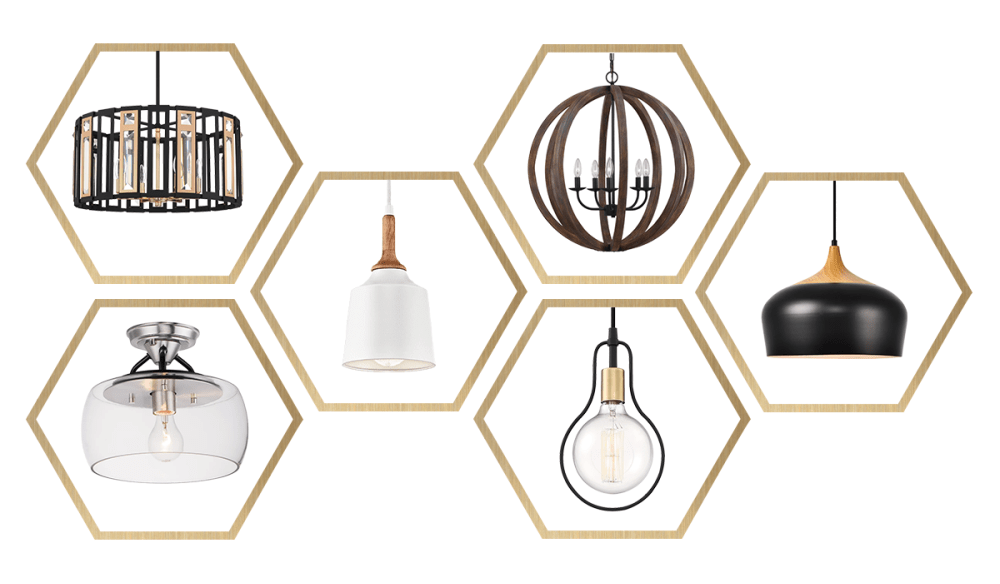 Pendants, chandeliers and ceiling lights with different finishes.