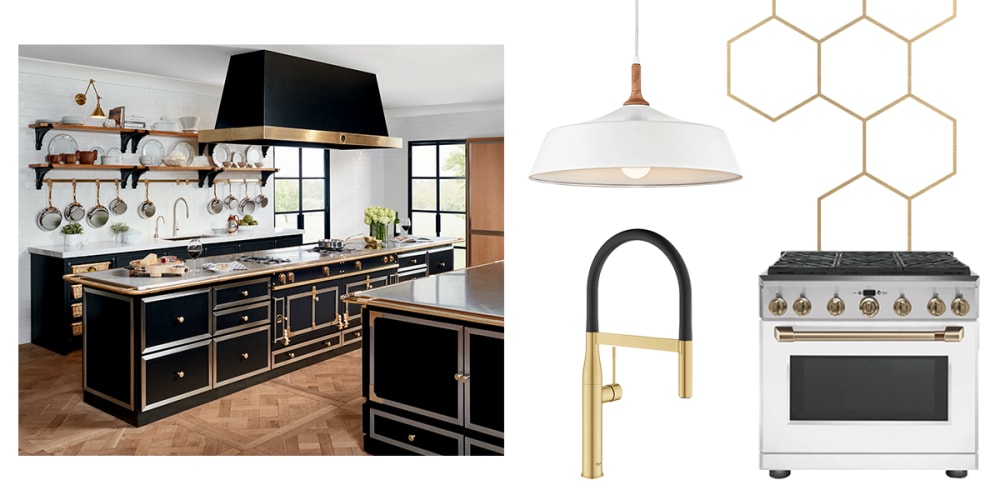 Kitchen with black and gold accents. Black and gold faucet, white range.