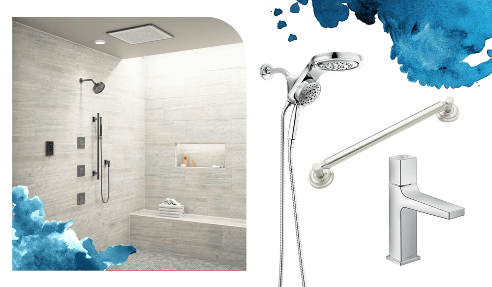 walk in shower, single handle faucet, towel bar, double shower head