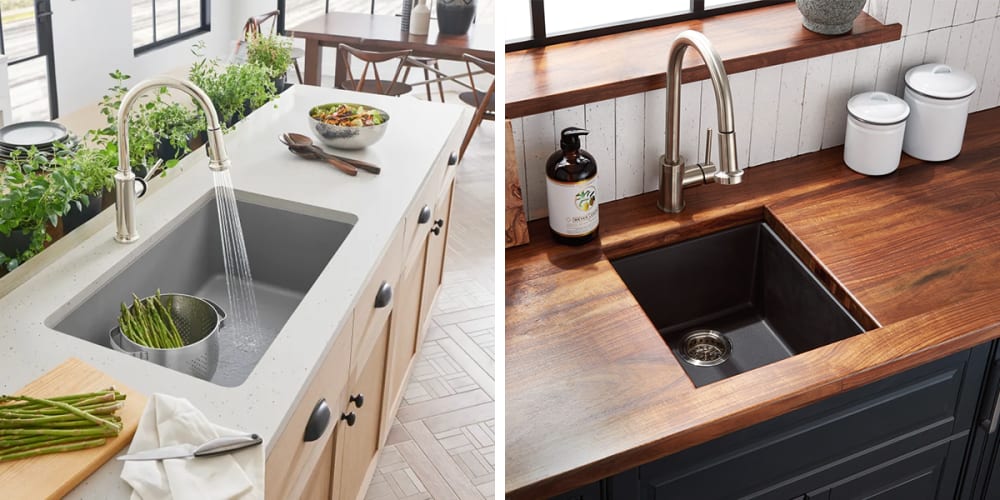 Gray undermount composite single basin sink. Black composite bar sink.