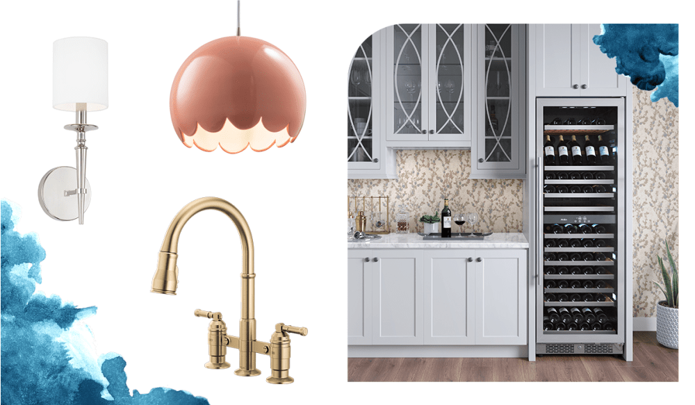 Wall sconce with shade, gold bridge kitchen faucet, built-in wine cooler