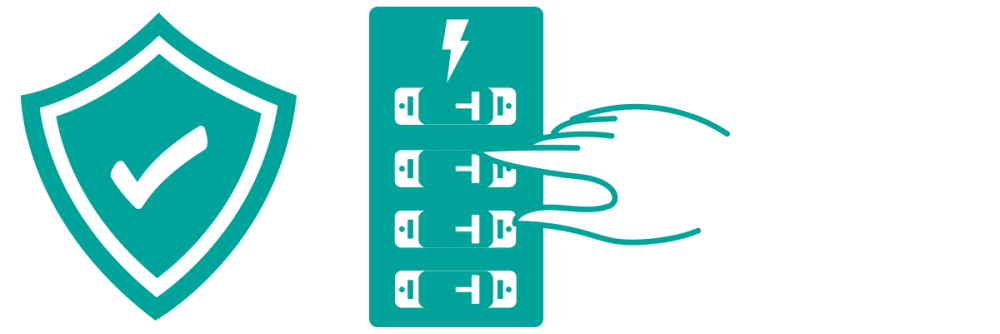 Safety shield icon. Junction box and a hand turning off the power.