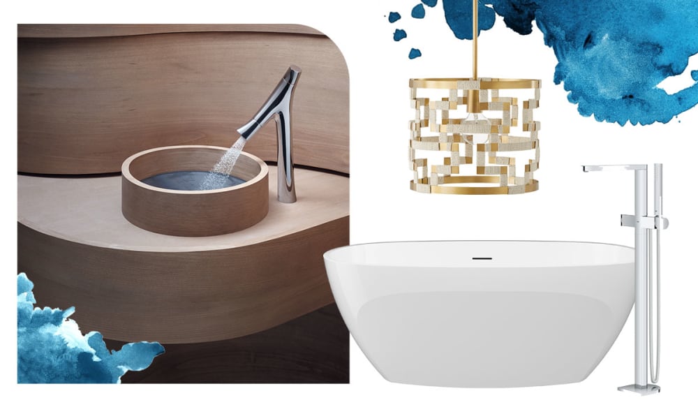 Chrome vessel bathroom faucet, freestanding tub, shell and gold pendant