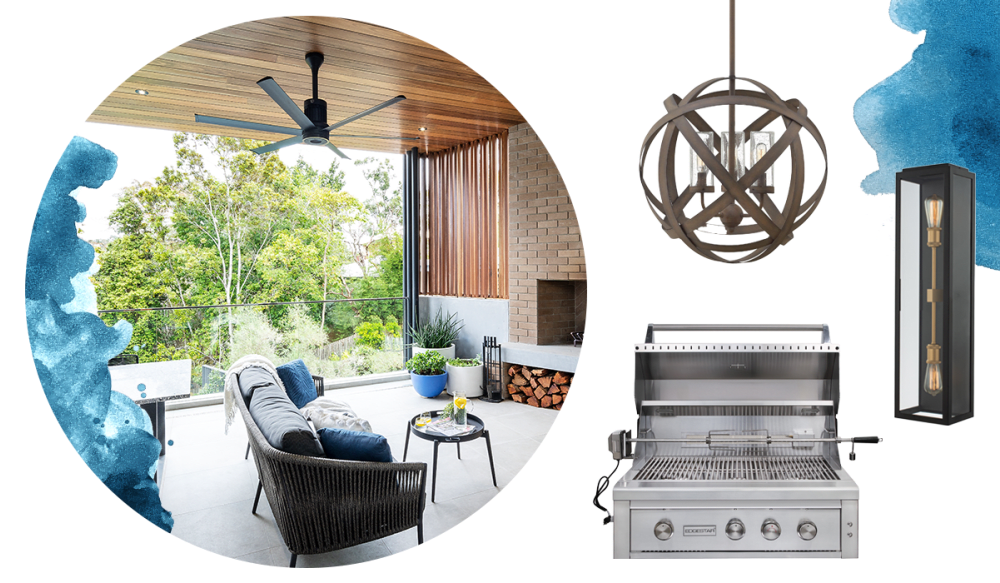 Patio, ceiling fan, grill, globe chandelier, wall sconce.