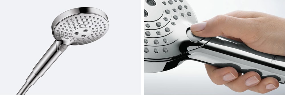 Raindance Select hand shower in chrome, hand showing button for spray mode.