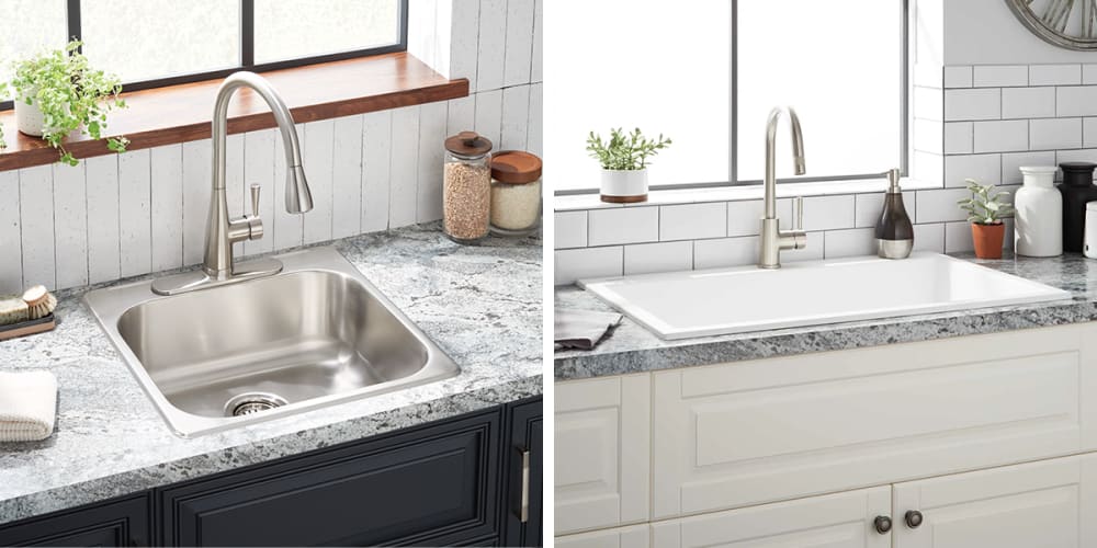 Stainless steel drop-in sink and white drop-in kitchen sink.