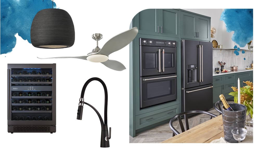 Dark green kitchen, black stainless steel appliances, black kitchen faucet