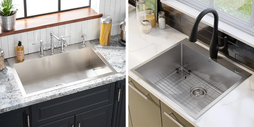 Stainless steel flush mount drop-in sinks.