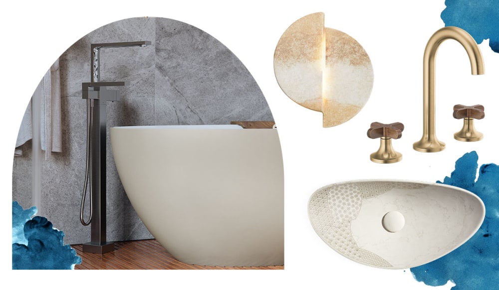 shell shaped bathroom sink, gold wide spread faucet, freestanding tub.