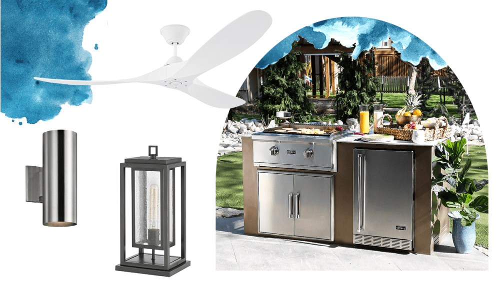 Grill, wall sconce, lantern style pendant light, outdoor ceiling fan.