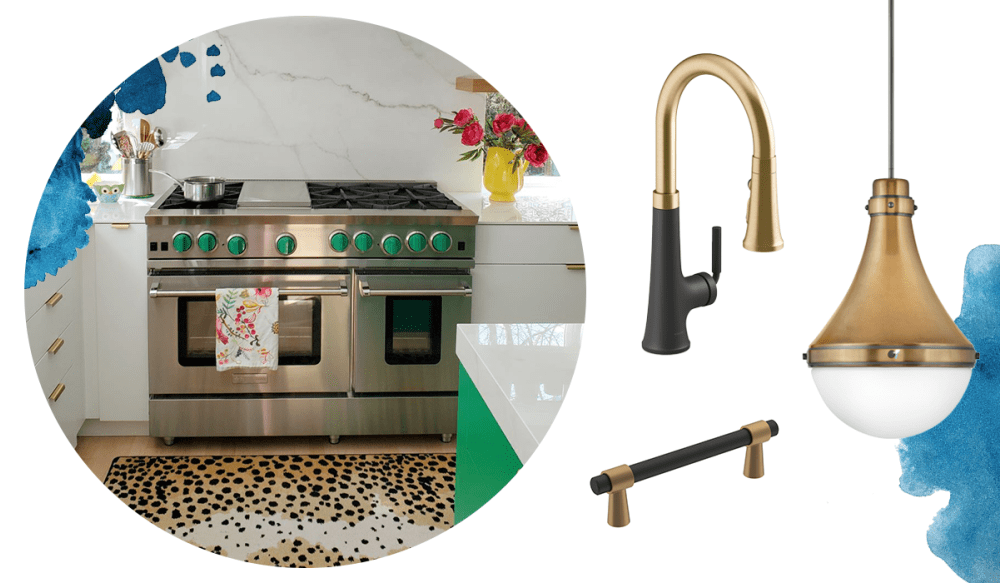 Gas range, green knobs, black and gold kitchen faucet, cabinet hardware