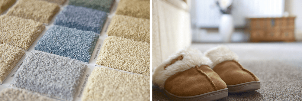 Carpet swatches in blues, grays and beige. Brown carpet, house shoes.