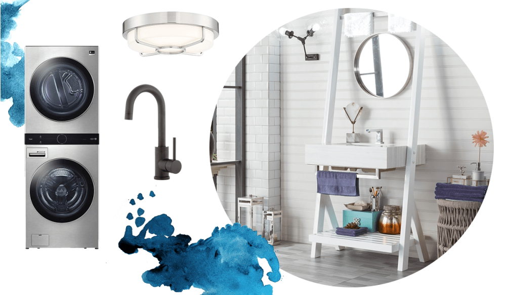 White vanity console with sink and faucet. Washer and dryer tower, light