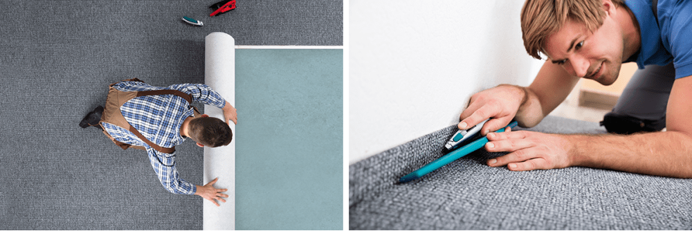 Man, brown suspenders, gray carpet. Cutting carpet, razor blade.