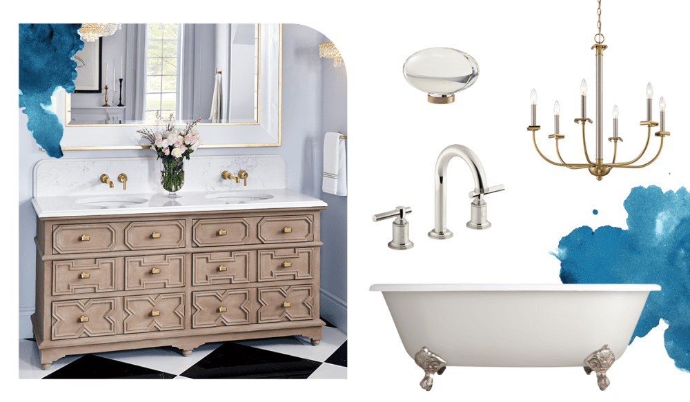 Elegant bathroom vanity, clawfoot tub, wide spread luxe bathroom faucet