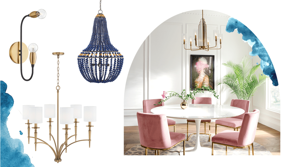 Dining table, art deco chandelier, blue and gold beaded chandelier