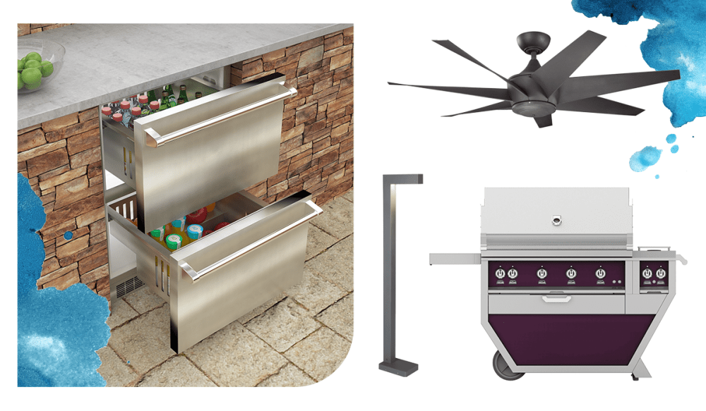 Outdoor refrigerator drawers, free-standing grill in dark purple finish.