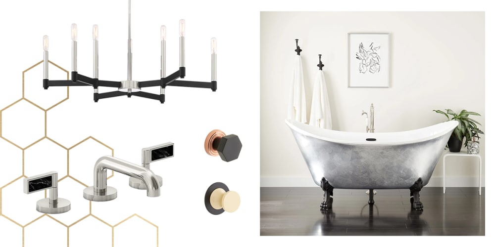 Nickel and black bathroom faucet, rose gold and black cabinet knob.