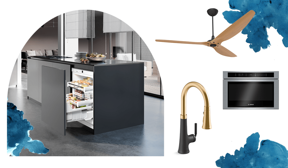 under counter refrigerator, kitchen faucet, ceiling fan, drawer microwave