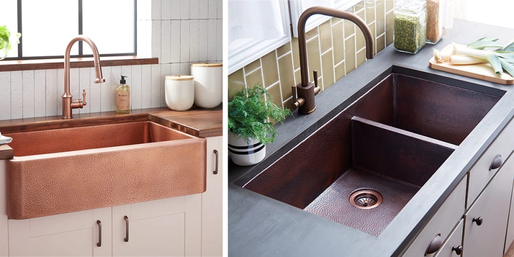 Copper farmhouse style kitchen sink. Undermount copper double-basin sink.