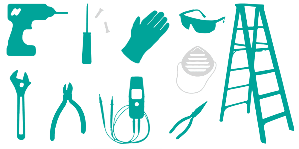 Illustration of all the tools needed to install ceiling fan.