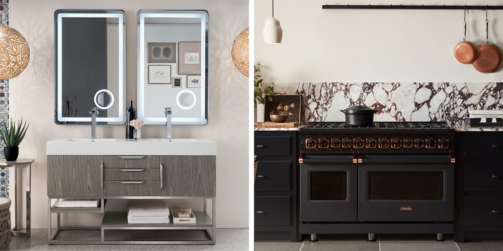 Wood vanity with metal frame. Black range, rose gold accents.