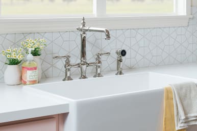 Tips for caring for a porcelain sink. Love the farmhouse sink and the  faucet with the pull-down sprayer!