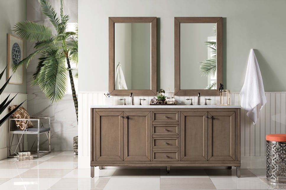 White washed walnut double vanity in tropical luxury bathroom.
