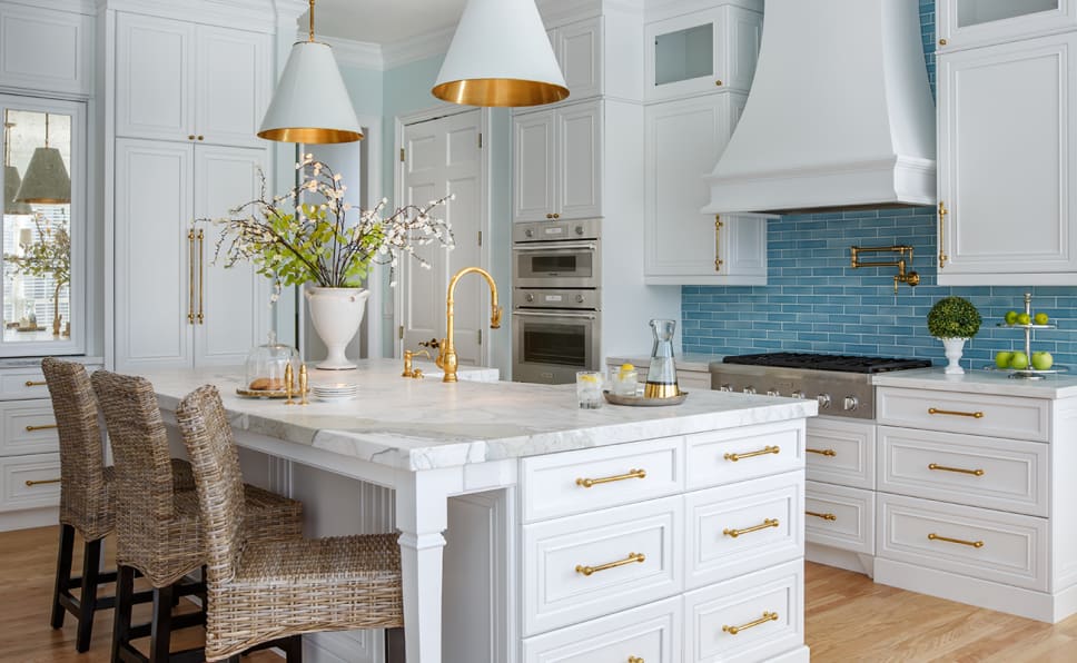 Thermador Luxury Appliances, white kitchen, blue backsplash, gold accents